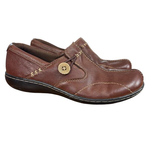 Clarks Bendables Brown Leather Comfort Shoes Slip On Loafers Casual Shoes sz 8 - Picture 1 of 16